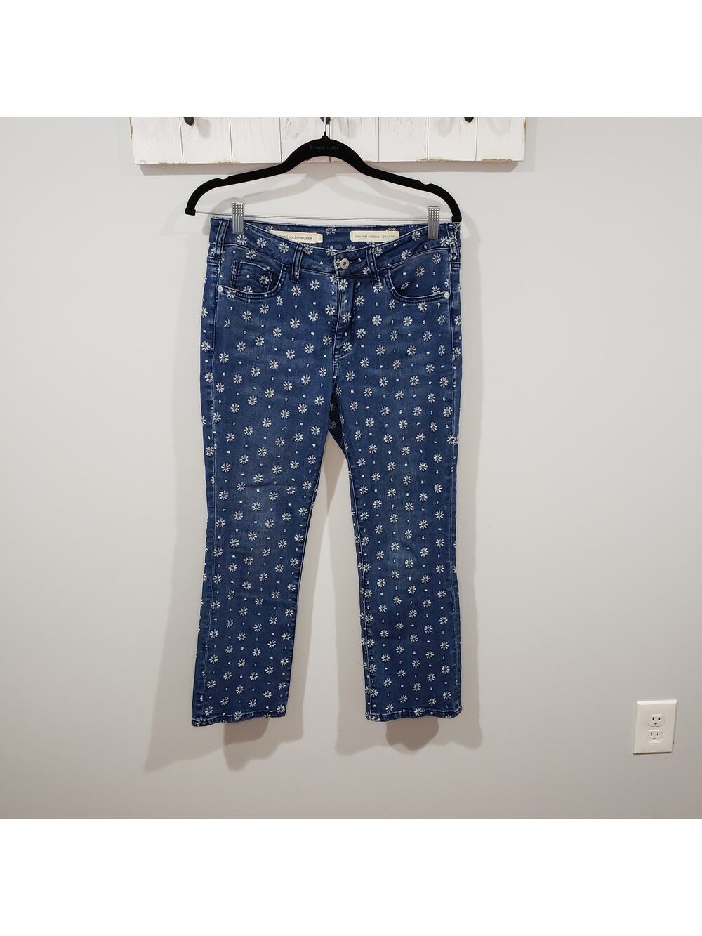 Pilcro Anthropologie Embroidered Jeans Womens 29 Blue Floral Crop Straight